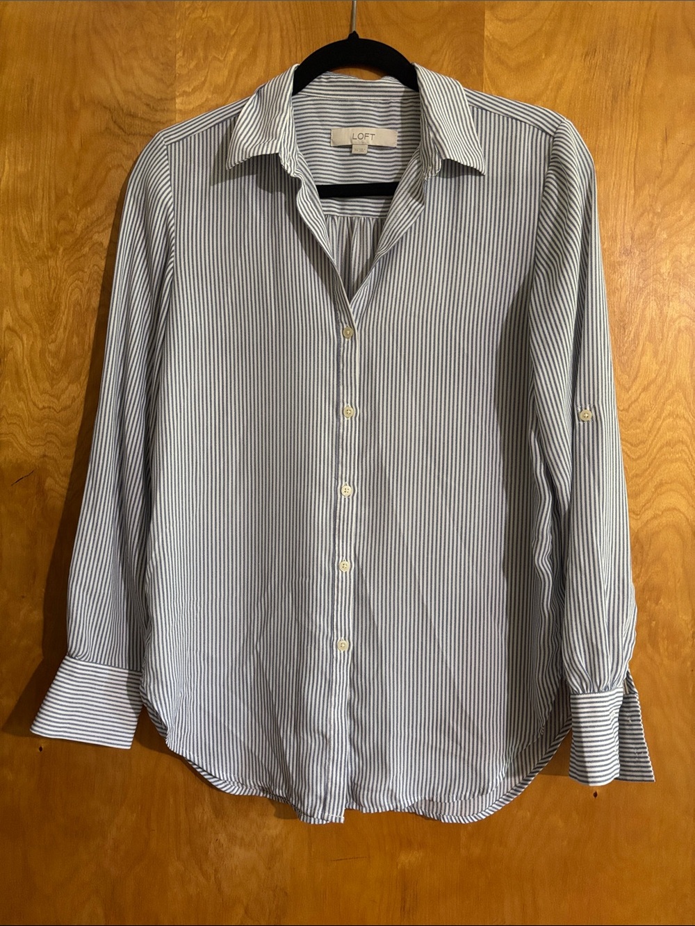 LOFT Blue and White Striped Button-Down Shirt